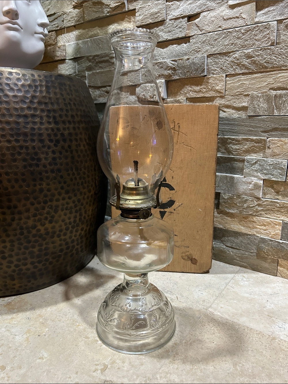 SOLD- Vintage Clear Glass Oil Lamp - Decorative Table Lantern